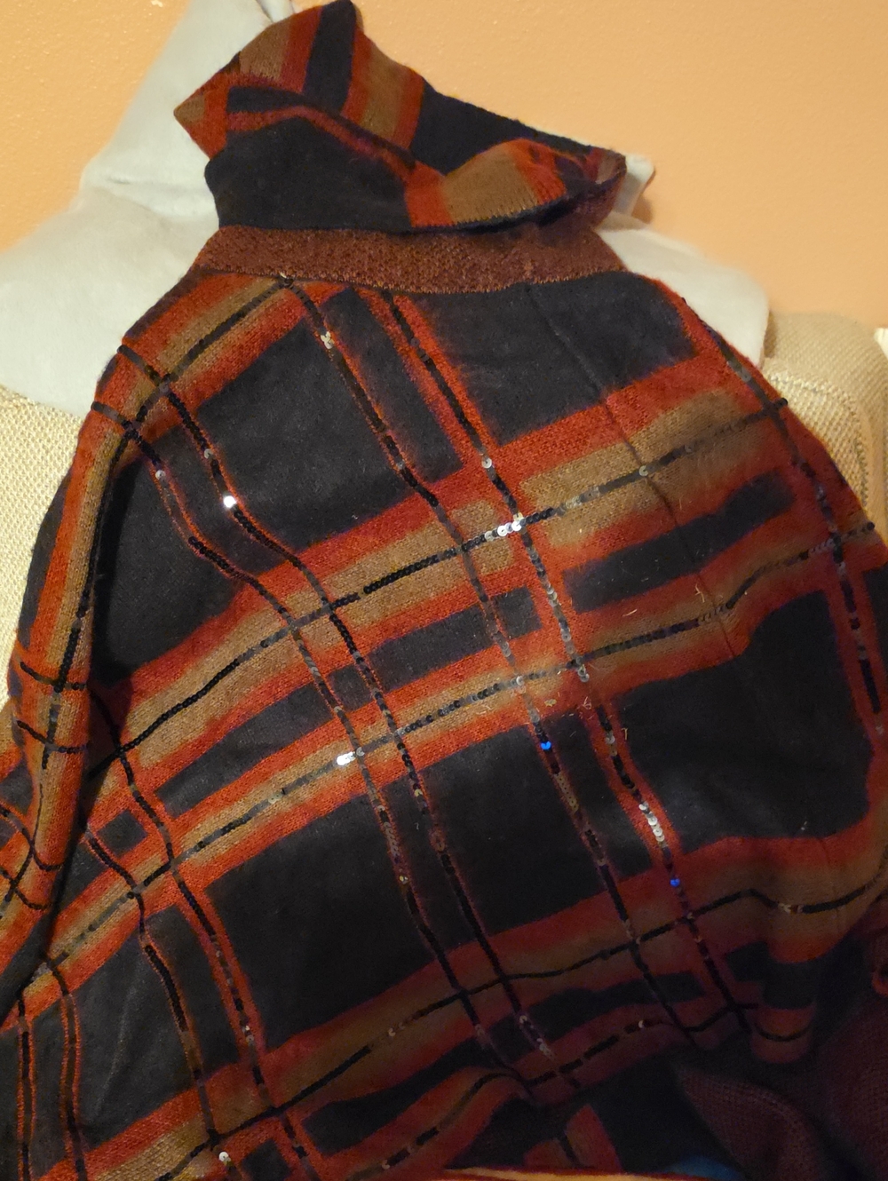 Chico's Black and Rust Plaid Sequin-Trim Funnel Neck Cape